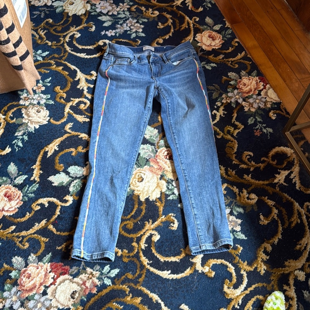 Loft Outlet Women's Blue Jeans‎ with multi  Stripe-worn about 5-6 times.69retail